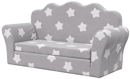 Eleganz Sofá cama infantil de 2 plazas, gris claro con estrellas, felpa suave (100% poliéster), acogedor mueble para bebés y niños pequeños para sueños dulces