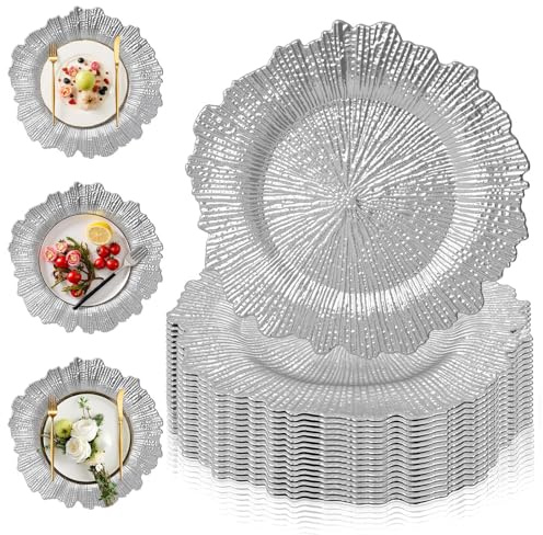 PROY 12 Pcs Silver Charger Plates Bulk, 13 Silver Reef Charger Plates for Wedding, Thanksgiving, Christmas, Plastic Chargers for Dinner Plates