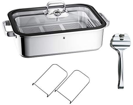 WMF Vitalis Aroma Dampfgarer, Bräter Induktion, 41x27x10cm, Auflaufform 6,5l, Servierzange, Glasdeckel Silikonrand, Thermometer, Garblech, Schmortopf Cromargan Edelstahl unbeschichtet