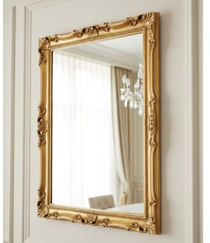 MO.WA Wandspiegel Spiegel klassisch Barock 62x82 Blattgold Rechteckig mit Holzrahmen Gold, Made in Italy, Spiegel Schlafzimmer Wohnzimmer Badezimmer, Flur