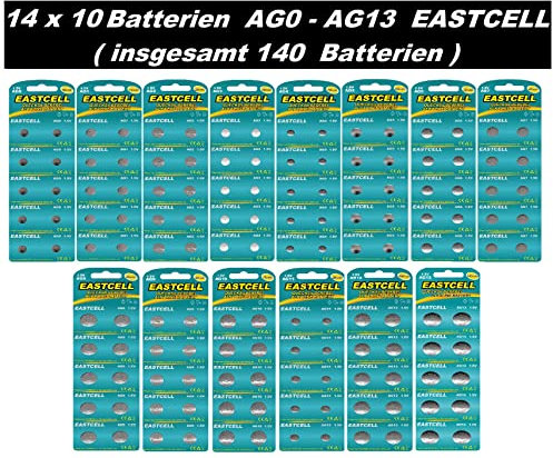 EASTCELL AG Knopfzellen Sortiment (140 Stück) – 14 Blister à 10 Batterien – Alle Größen AG0 bis AG13 – LR-Typen LR521 bis LR44 – 1.5V Alkali Batterie Set für Uhren, Spielzeug & Elektronik
