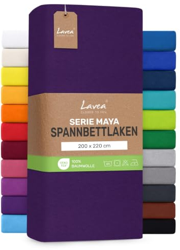 Lavea® Spannbettlaken 200x220cm - Dunkellila | Maya, 100% Jersey Baumwolle, Boxspringbetten, Wasserbetten, mit Rundumgummi, atmungsaktives Bettlaken für Matratzen bis 35cm