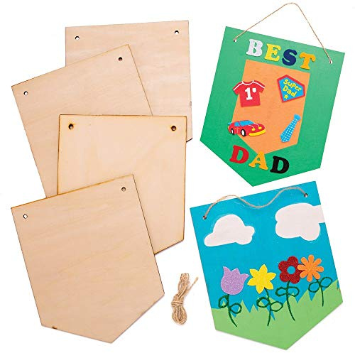 Baker Ross AT395 Holzbanner zum Aufhängen, 4 Stück, Blanko-Vorlagen und Schnur für Kinder zum Gestalten und Dekorieren