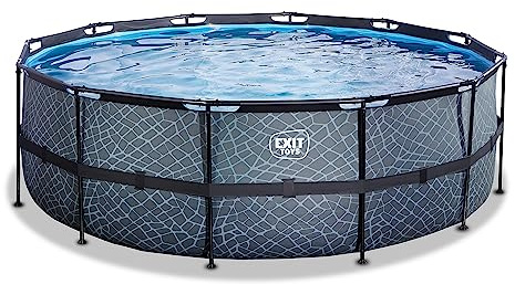 EXIT Toys Stone Pool - ø427x122cm - Piscina de Marco Redondo Grande con Bomba de Filtro de Cartucho - Piscina Extra Profunda - Marco Robusto - Incluye Escalera de Piscina - Diseño Único - Gris