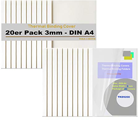 TUKA 20x 3mm Couverture de Reliure Thermique, A4 Chemises pour Machines de Relieuse Thermique, Largeur de Dos 3 mm - Capacité 30 Feuilles, Paquet de 20, Couleur Blanche TKD9200-A4-white-20x
