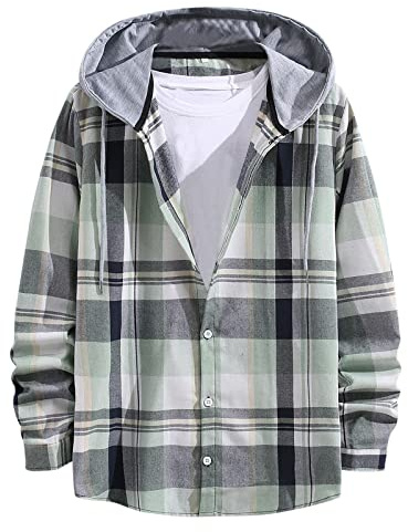 Buetory Mens Flannel Hoodies Shirts Long Sleeve Button Down Plaid Jackets Casual Lightweight Checkered Sweatshirt with Hood Green