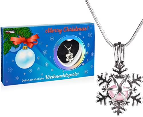 BRUBAKER Deine Persönliche Weihnachtsperle - Merry Christmas Wunschperle - Halskette mit Silber Schneeflocken Anhänger + Muschel mit echter Perle als Schmuck Geschenkset - Weihnachten
