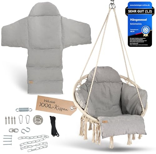 BELLAMATILDA® Premium Hängesessel mit Korb & XXL Kissen + 360° Montagezubehör Outdoor & Indoor Hängeschaukel Hängesitz/Hängestuhl für Garten, Wohnzimmer, Balkon, Terrasse - Hängekorb bis 150kg-(B.G)