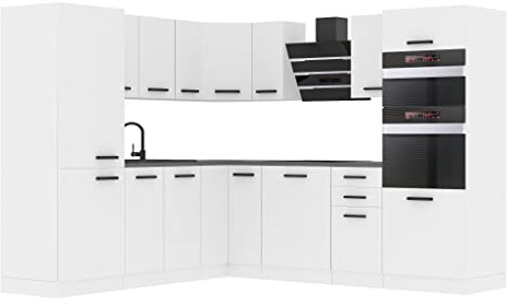 Belini Angolo Cottura Blocco Cucina a Forma di L - Mobili da Cucina Stacy Con Manici, Senza Elettrodomestici Con Pensili e Mobiletti, Con Controsoffitti, Bianco Opaco