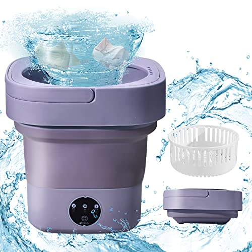 Vusddy Mini-Waschmaschine Faltbar, Klein und Tragbare, 8L Kapazität, 3 Reinigungsmodi, mit Trockner, Blu-ray und Abflussrohr, für Camping, Reisen, RV, Schlafsäle (Lila)