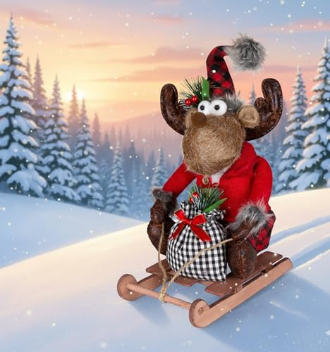 KAMACA Deko Elch-Mädchen auf Schitten mit Rock und Jacke Weihnachtsdeko im skandimavischen Look Fensterbank Kommode Dekoidee Winter Weihnachten Geschenk (Rentier Mädchen auf Schlitten 40 cm Höhe)