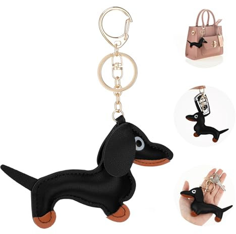 Giantree Schlüsselanhänger Dackel, Süße Welpe Hundetasche Anhänger Leder Glücksbringer Dackel Keychain Geschenke für Lieblingsmensch Frauen Männer Kinder Geburtstag Schlüsselring (Schwarz)