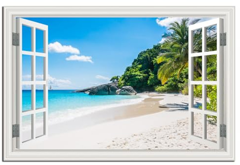 Tropical Beach Wall Art Fake Window Frame Style Blue Coastal Seascape Decor Ocean Canvas Painting for Living Room, Bedroom & Bathroom, Home Office 24x36 Inch Ready to Hang