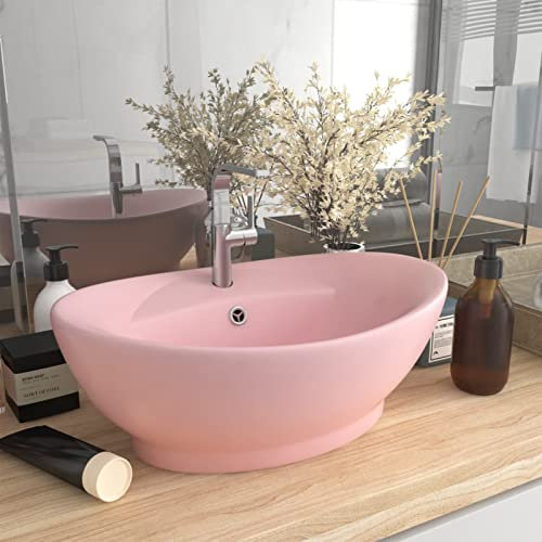LAPOOH Luxus-Waschbecken Überlauf, Aufsatzwaschbecken, Waschtisch, Aufsatzwaschtisch, Wash Basin, Badmöbel, Bathroom Sink, Oval Matt-Rosa 58,5x39 cm Keramik
