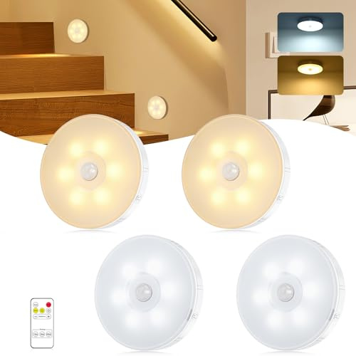 Nachtlicht mit Bewegungsmelder,4 Stück Schrankbeleuchtung Treppenbeleuchtung mit Fernbedienung,USB Wiederaufladbare LED Licht Bewegungsmelder Akku für Flur, Treppe, Schlafzimmer, Küche, Schrank