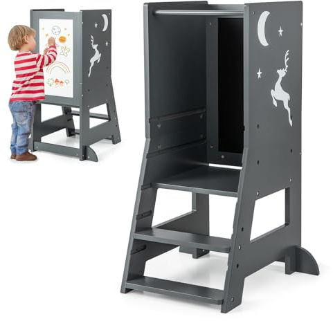 GYMAX Torre di Apprendimento per Bambini, Torre da Cucina in Legno con Lavagna, 3 Penne, Piattaforma e Gradino Regolabili, Ringhiera di Sicurezza Rimovibile, per Cucina, Bagno (Grigio)