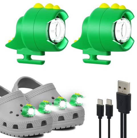 FerrDeery Rechargeable Shoe Lights, 2PCS Cute Dinosaur Shoes Headlights For Corc Style Shoes with 3 Modes, Camping Accessories Shoe Charms, IPX5 Waterproof Shoe Decoration Light Festival Gift for Kids
