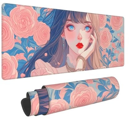 Gaming Mouse Pad 35.4x11.8x0.12 inch XXL Large Gaming Mouse Mat with Stitched Edges, Rose Girl Mouse Pad, with Non-Slip Base Extended Large Mouse Pads, Keyboard Desk Pad with Water Resist Surface N-65