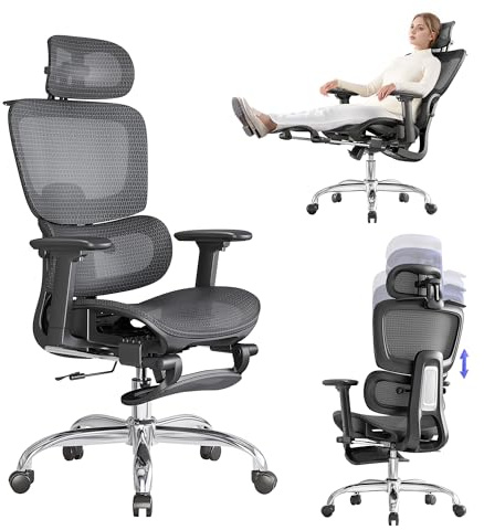 LarkLeaves Ergonomisk Kontorsstol med Fotstöd och 2D Svankstöd, Skrivbordsstol i Mesh med 3D Nackstöd och Klädhängare, 145° Lutning för Hemmakontor,Svart