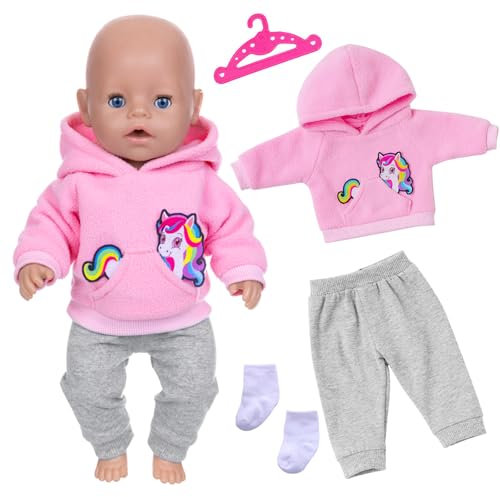 4 Stück Puppenkleidung für 14-18 Zoll Babypuppen, Neue Süße Cartoon Puppenkleidung für Babypuppen 30 33 35 45 cm, Rosa Pony -Hoodie+Graue Hose+Socken+Kleiderbügel, Puppen Kleidung Geschenk für Kinder