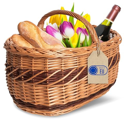 Creative Home Groß Picknickkorb Weidenkorb mit Henkel Zweifarbig 52x35x36cm | (+/- 1 cm) | Einkaufskorb Groß, Leicht | Handgeflochten | Autokorb Universell, Deko