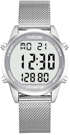 Men's Pedometer Watch with Stainless Steel Bracelet,Step Counter Watch No App, No Charging Needed for Ourdoor Walking, Calorie, Distance, Alarm, Countdown Timer Watch TU-2306B TIMEURE
