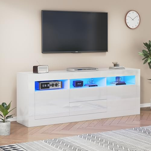 Merax Hochglanz TV Schrank mit LED-Beleuchtung, App Steuerung, mit 3 offenen Fächern, 2 Türen, 2 Schubladen, Lowboard Sideboard TV-Kommode Fernsehschrank Fernsehtisch für 70-Zoll-TVs, Weiß/160x35x60cm