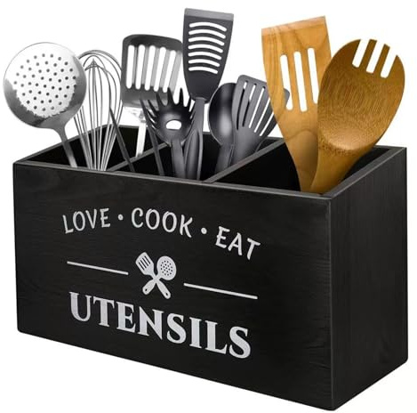 Xoeryoy Porta di utensili da cucina a 3 vasini per utensili in legno per bancone da cucina con foro di drenaggio da 12x5x7 pollici organizzatore per posate, posate, bacchette