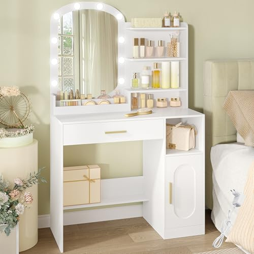 HEXCELEN Coiffeuse avec Miroir Ovale, 40 × 90 × 147,7 cm, Blanc