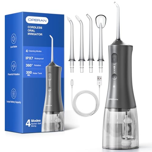Operan Munddusche Kabellos, Tragbar Elektrische Zahndusche 4 Modi & 4 Düsen, 300ML Oral Irrigator Munddusche Testsieger für Entfernt Speisereste und Reinigt Die Zähne (Grey, 1Pack)