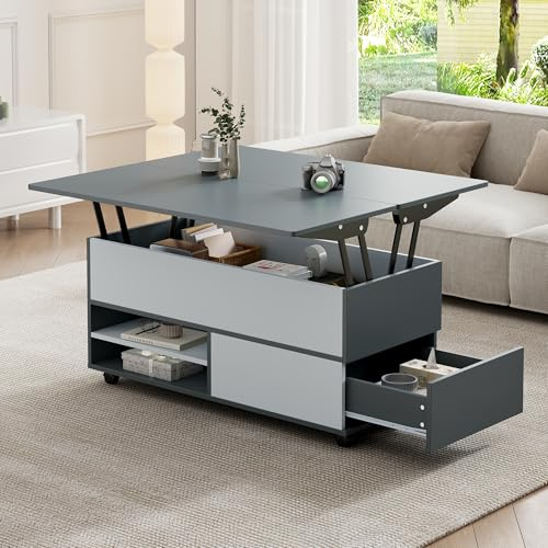 Couchtisch Höhenverstellbarer Kaffeetisch mit Verstecktem Stauraum und Ablage, Wohnzimmertisch mit Rollen und Schubladen, multifunktionaler Esstisch mit Stauraum, grau-weiße Spleiße, 100x98x65cm