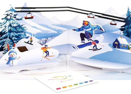 Carte de vœux pop-up 3D pour station de ski - Avec enveloppe et carte vierge - Pour skieurs, snowboarders, amateurs de sports d'hiver, anniversaire
