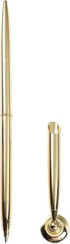 Mooff Stylo à bille en métal doré avec support de bureau rond, pour mariage, bureau, stylo à bille et stylo de signature de bureau avec base