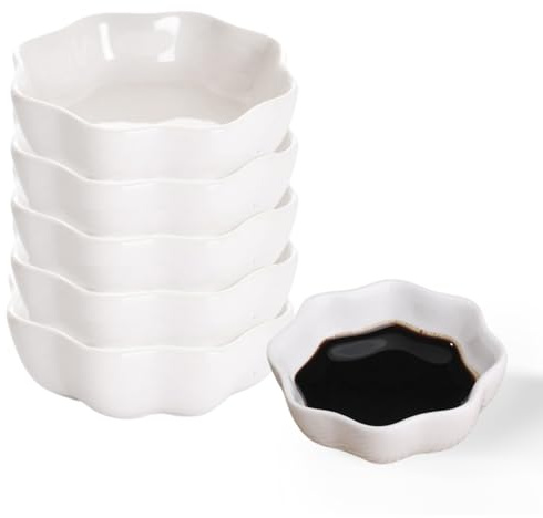 thirei Keramik Dipschalen, 6 Stück Gewürzschalen, 7,5 x 2,5 cm, Sojasauce Schälchen, Dipschale Dip Schälchen Set, Würze Gerichte, für Soße,Dipping,Gewürzen,Pudding, Weiß