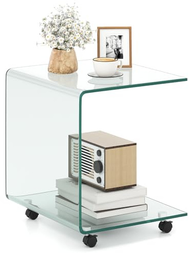 FANTASK Beistelltisch gehärtetem Glas, C-Form Kaffeetisch mit Rollen, Modern Sofatisch, Glastisch für Wohnzimmer, Schlafzimmer, 45 x 40 x 48 cm (Transparent)