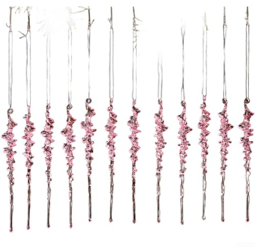 12 Acryl-Eis-Anhänger hängende Ornamente für Weihnachtsbaum und Innenbereich, festliche Dekoration, simulierte Eiszapfen mit leichtem Acrylmaterial (Rosa)
