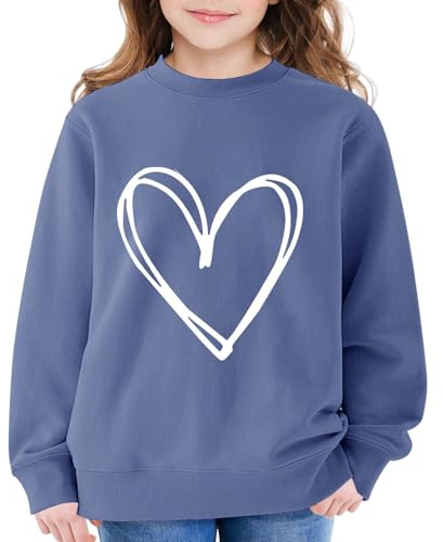 Mjjsk Flickor långärmad tröja hjärttryck rund hals tröjor barn vardaglig komfort pullover toppar barnmode skolkläder, L-blå, 13-14 Years
