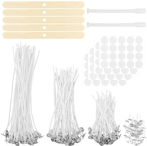 Mechas para velas, 200 unidades, mechas para velas, 5 cm/10 cm/15 cm/20 cm, mechas naturales para velas con soporte para mecha de madera y adhesivo de doble cara, para fabricación de velas, incluye