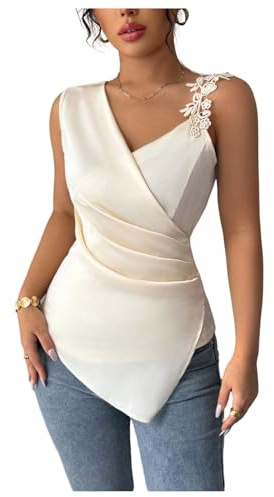 MakeMeChic Women's Floral Satin Blouse Wrap Ruched Sleeveless Fitted Summer Going Out Tops Apricot Medium