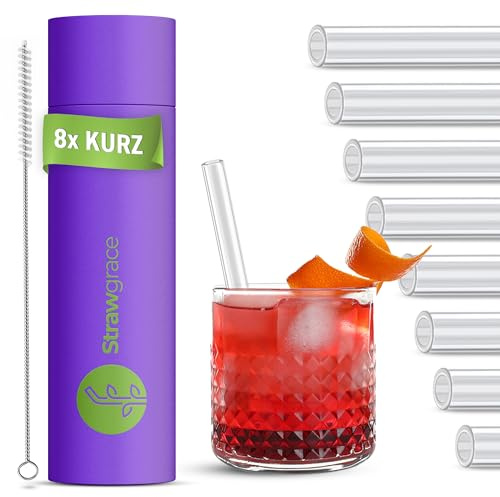 STRAWGRACE 8x Glasstrohhalme kurz - Länge: 15 cm - Innendurchmesser: 7 mm | Außendurchmesser: 10mm - perfekt für alle Heiß- und Kaltgetränke - Strohhalme Glas Wiederverwendbar