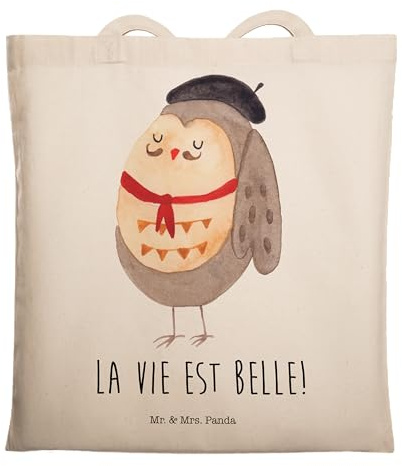 Mr. & Mrs. Panda Stoffbeutel Eule Frankreich - Geschenk, Laptoptasche, Eulen, Tasche, Tote Bag, Jutebeutel, Shopping, La Vie Est Belle, Das Leben Ist schön, Büchertasche