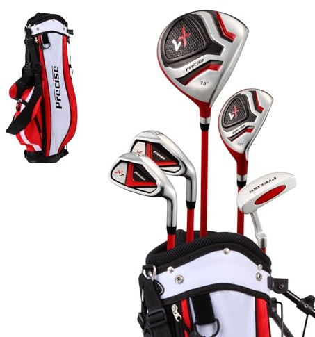 Precise X7 Junior Complete Kids Golf Clubs Set - Boys & Girls Right Handed Kids Golf Set w/ Driver, Hybrid, Irons, Putter, Stand Bag & Headcovers - Youth Golfing Clubs Sets for Ages 6-8 - Red