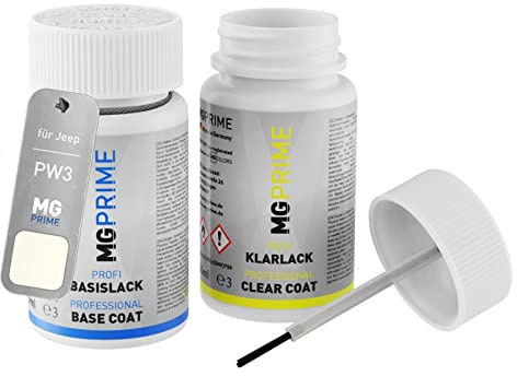 MG PRIME Pennarello ritocco per Jeep PW3 / VR268 Bianco/Bright White +1K | Vernice per auto, Kit vernice di base + trasparente, Flaconi di vernice con pennellino, 50ml cad.