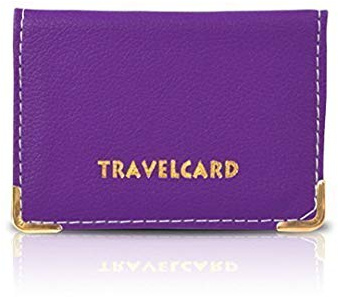 AKH® Funda de piel auténtica para tarjetas de viaje de autobús o pases, color morado, Purple, 8 x 11 cm, Cartera con esquinas metálicas doradas