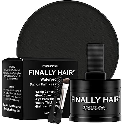 Finally Hair Fiber Concealer - Waterproof Black Hair Loss Solution, Hairline Creator, Eyebrow Enhancer & Beard Filler with Dab-on Shadow Powder
