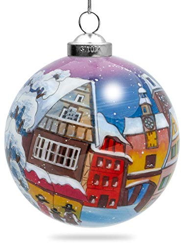 SIKORA K08-87 Winterdorf Glaskugel Weihnachtskugel Innenglasmalerei D: 7,5 cm