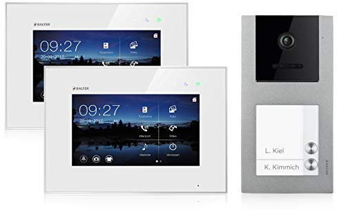 Balter EVO Video Türsprechanlage, Touchscreen, 2X 7 Zoll Monitor, Smartphone App, 2-Draht Bus, Aufputz Türstation für Mehrfamilienhaus, RFID Funktion (2 Familienhaus, Ohne App)