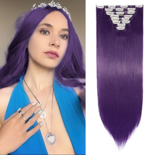 TESS Extension Capelli Clip 66 cm, Extension con Clip Liscio Viola Scuro 18 Clips 8 PCS Extension Clip Capelli 140g Capelli Finti