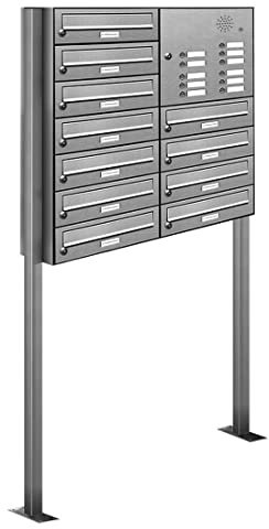 AL Briefkastensysteme 11er Standbriefkasten mit Klingel Standbriefkasten mit Klingel in Edelstahl 11 Fach DIN A4 wetterfest Premium Briefkastenanlage