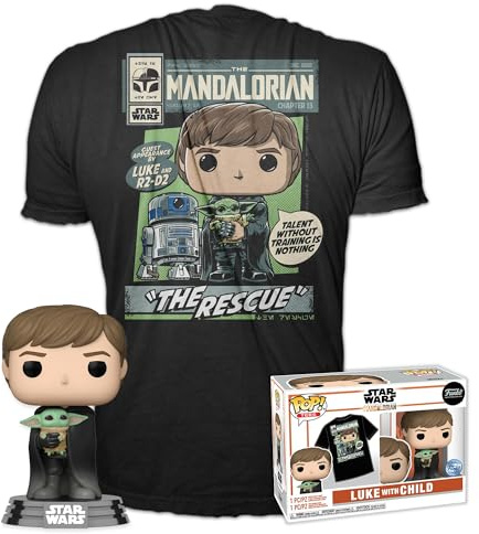 Funko Pop! & Tee: Star Wars: The Mandalorian - Luke with Grogu mit Grogu (The Child, Baby Yoda) - Large - (L) - T-Shirt - Kleidung mit Vinyl-Sammelfigur - Geschenkidee Für Erwachsene Männer